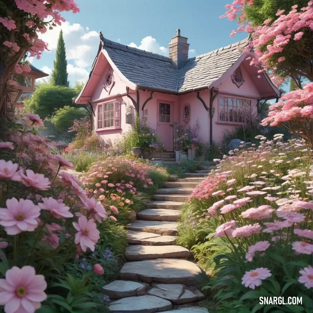 Pink house with a stone pathway leading to it and flowers around it. Color CMYK 0,13,12,2.