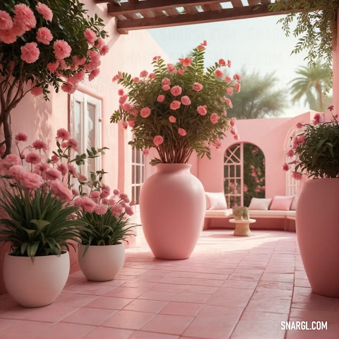 Pink house with pink flowers in large vases on the porch. Color RGB 250,218,221.