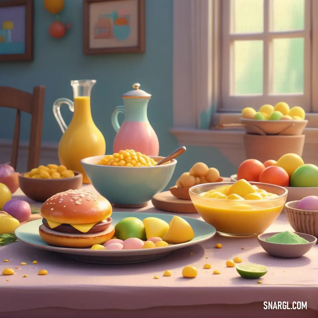 Table with a plate of food and bowls of eggs and corn on it and a pitcher of milk. Color CMYK 0,13,12,2.