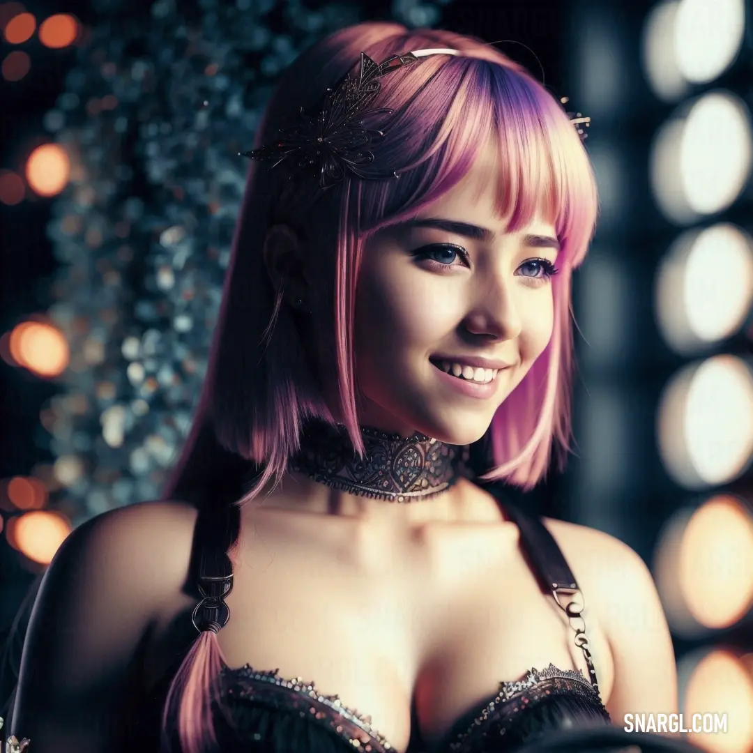 Pale pink color example: Woman with pink hair and a choker smiling at the camera with a boke of lights behind her