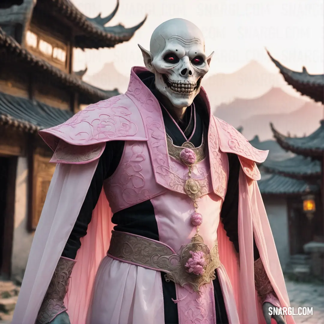 Skeleton dressed in a pink costume standing in front of a building with a pink cloak on it's head