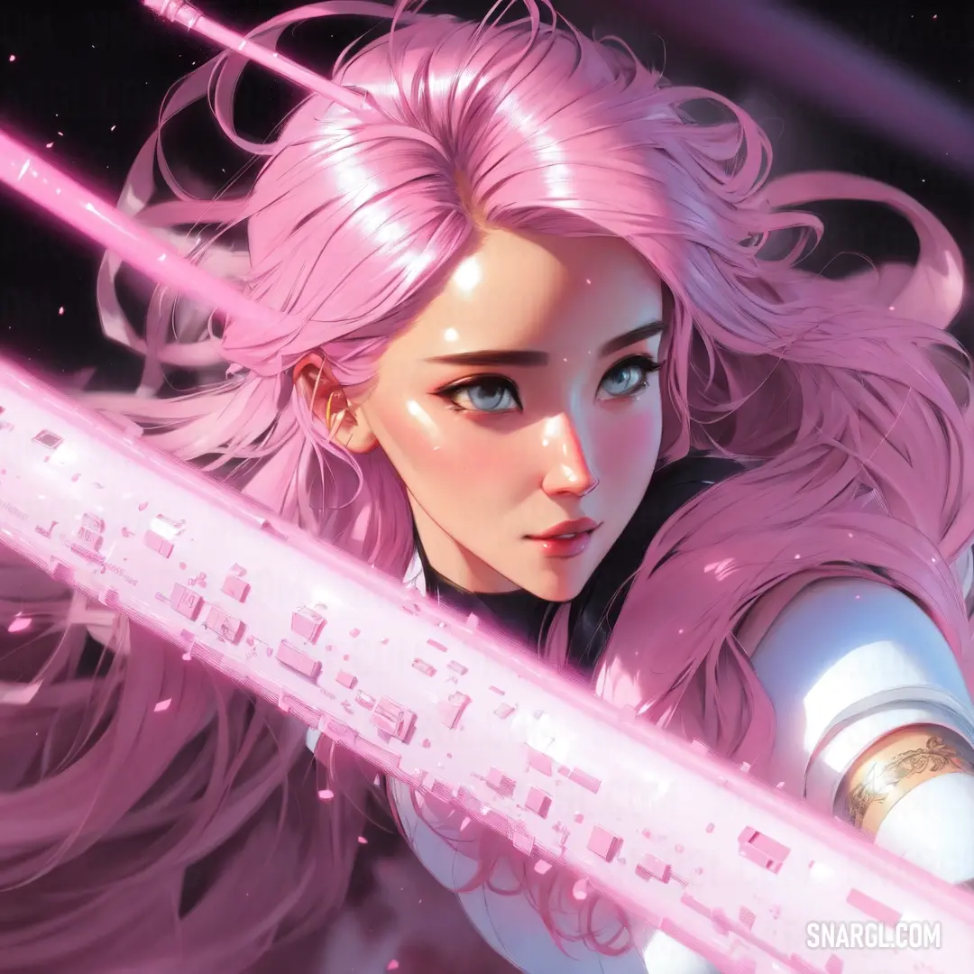 Woman with pink hair holding a sword in her hand and looking at the camera with a glowing light behind her
