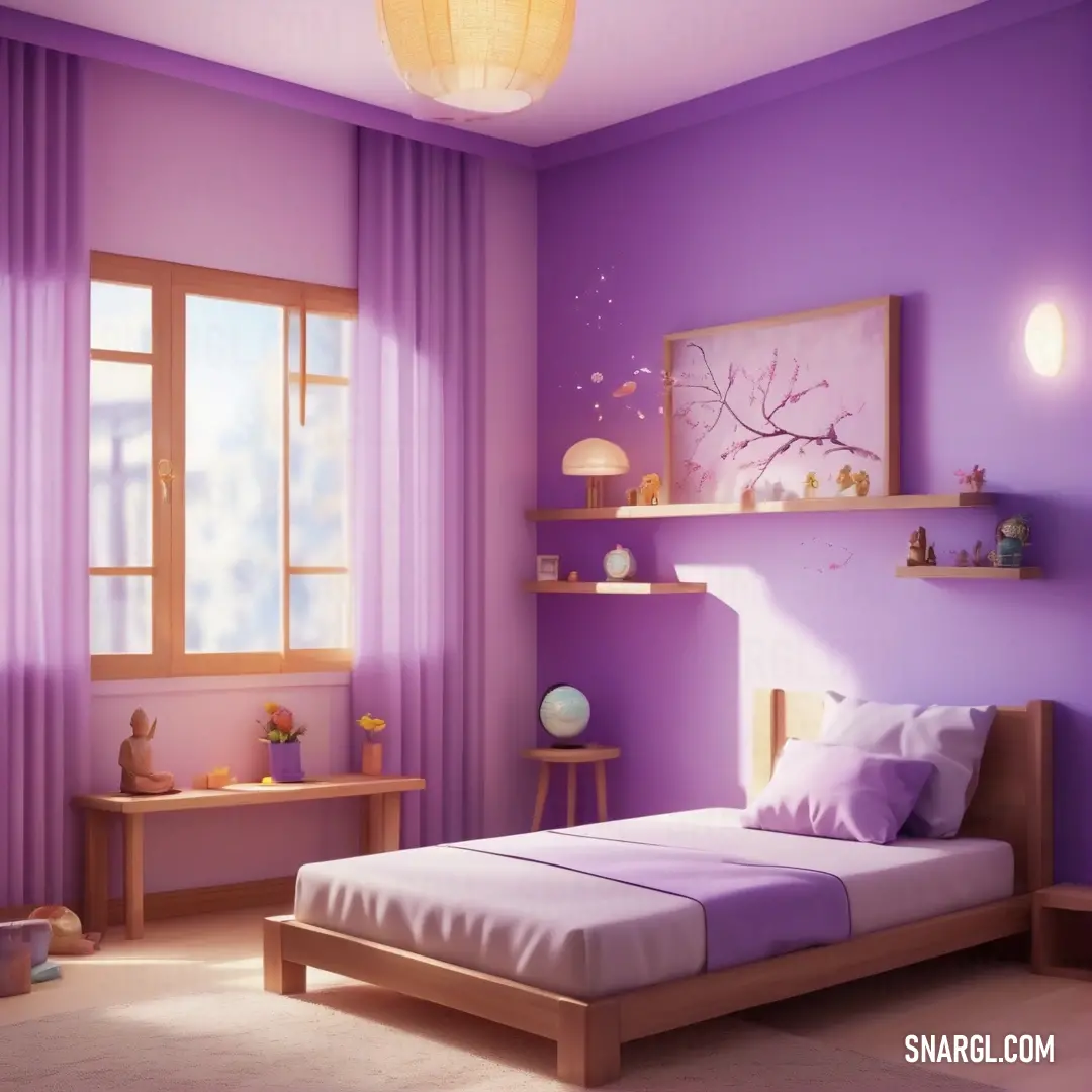 Bedroom with a purple wall and a white bed in it and a window with curtains on the side. Example of CMYK 0,28,0,13 color.