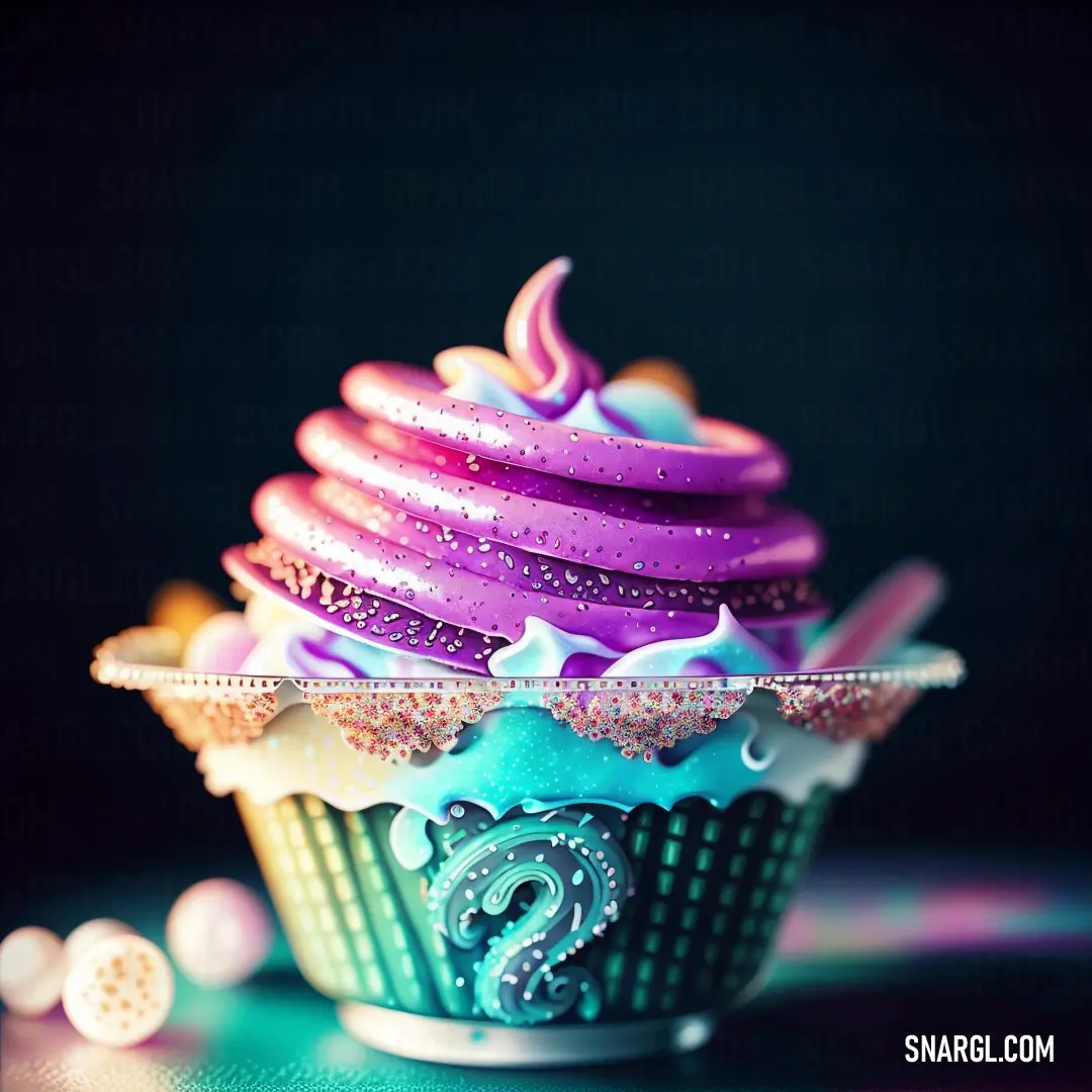 Cupcake with a purple frosting and a blue icing on top of it with a number on it