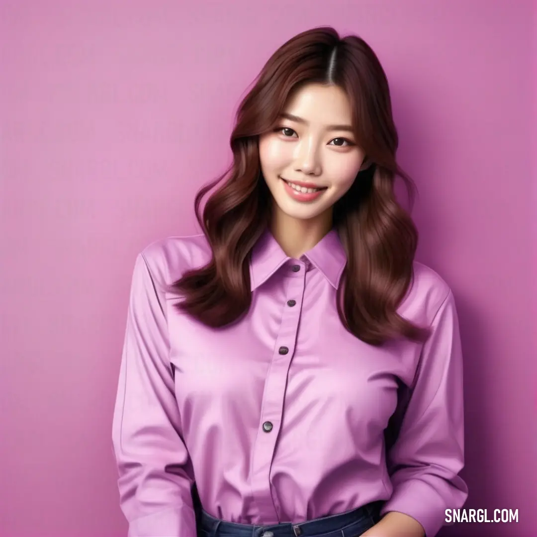 Pale plum color example: Woman with long hair wearing a purple shirt and jeans