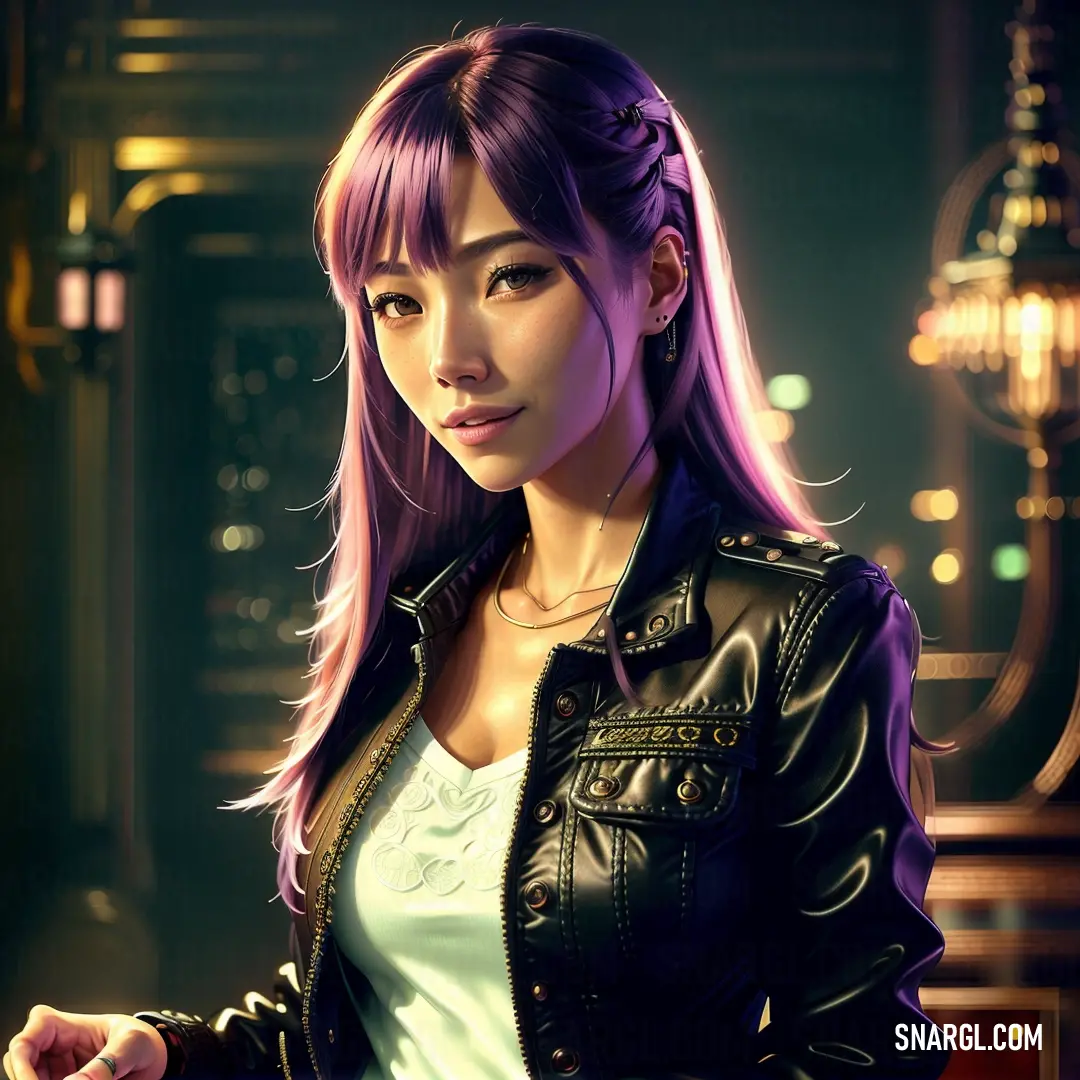 Woman with purple hair and a leather jacket on holding a cell phone in her hand and looking at the camera