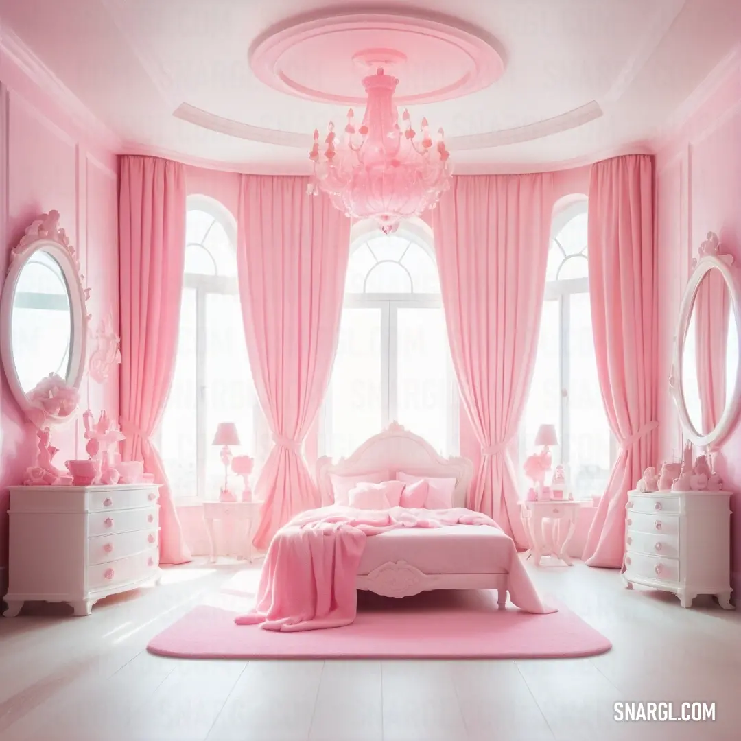Pale red-violet color. Bedroom with a pink theme and a chandelier hanging from the ceiling and a pink rug on the floor