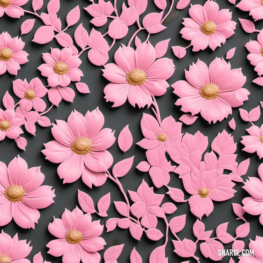 Bunch of pink flowers on a black background with gold centers and petals on the petals are all over the place