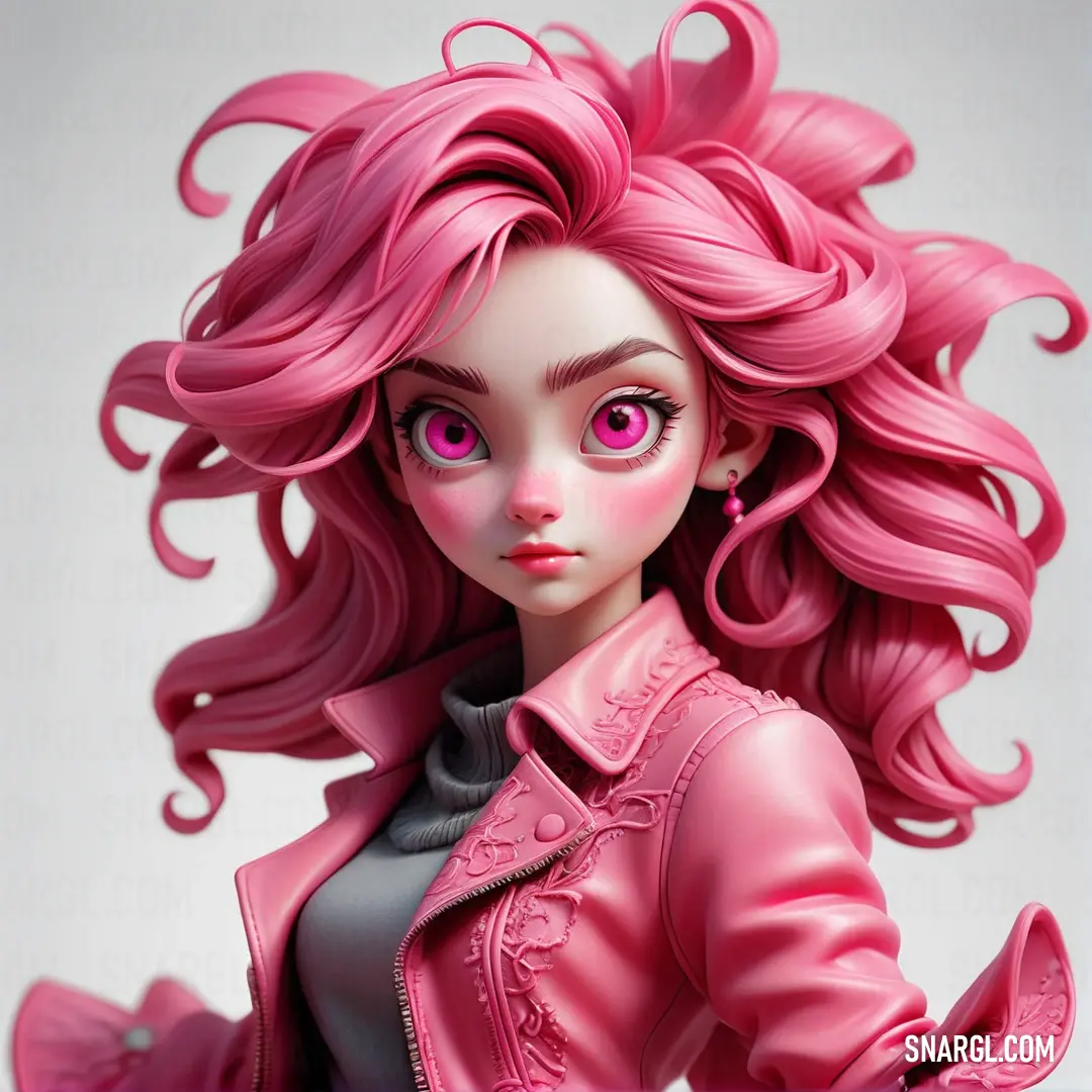 Doll with pink hair and a pink jacket on a white background