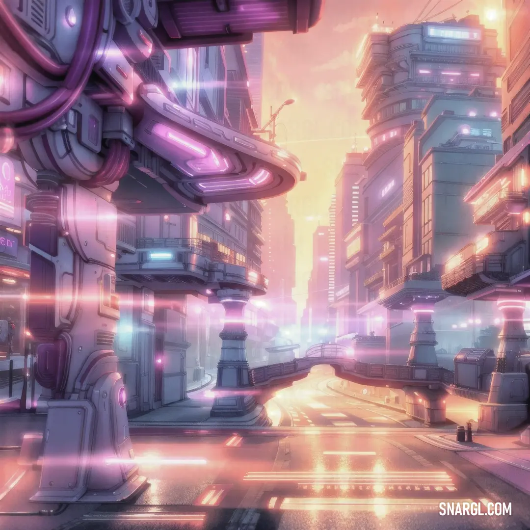 Futuristic city with a futuristic street and buildings in the background with a person walking on the sidewalk in the foreground