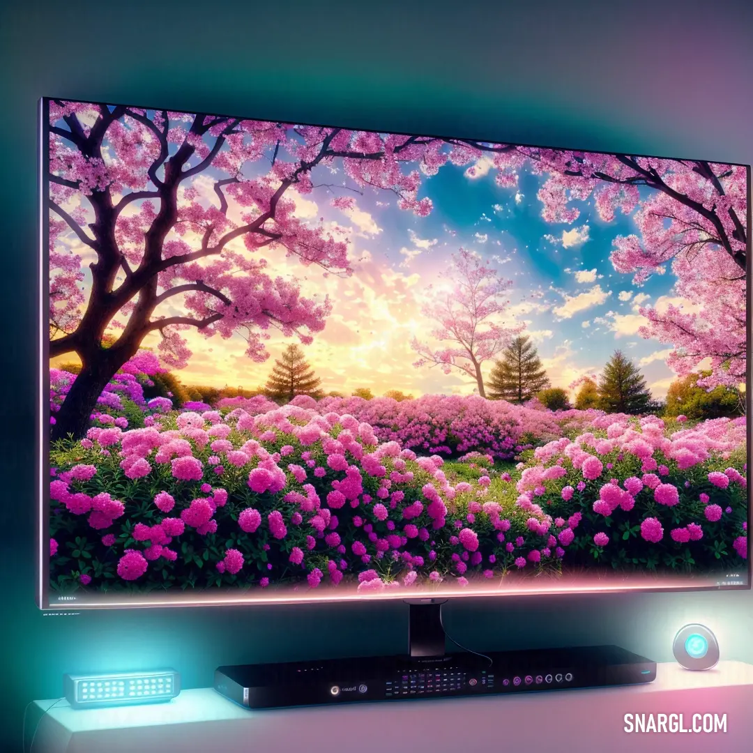 Large television with a beautiful scenery on it's screen and a blue light on the side of it