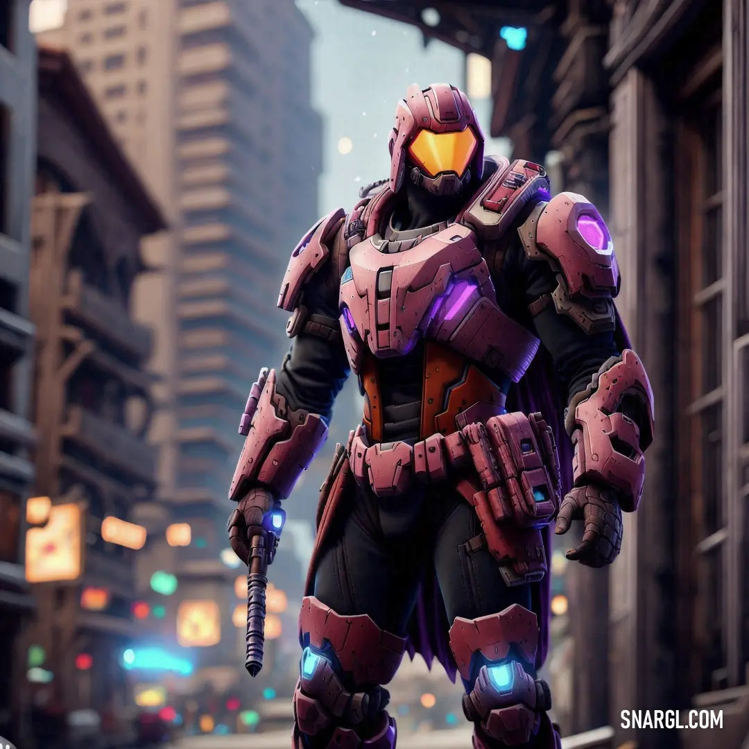 Man in a futuristic suit standing in a city street with a gun in his hand and a helmet on