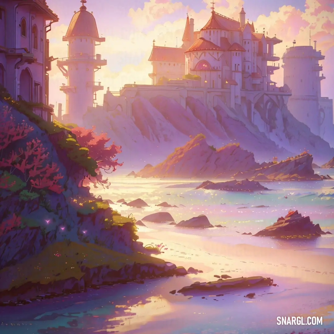 Painting of a castle on a cliff overlooking the ocean and a beach with a boat in the water