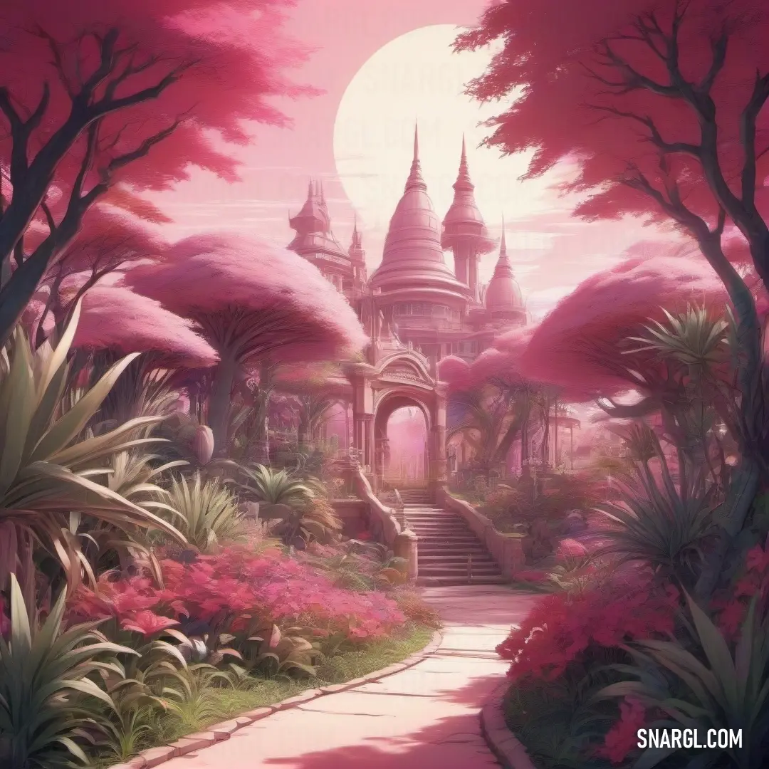 Painting of a pink castle with a pathway leading to it and trees and flowers around it. Color Pale red-violet.