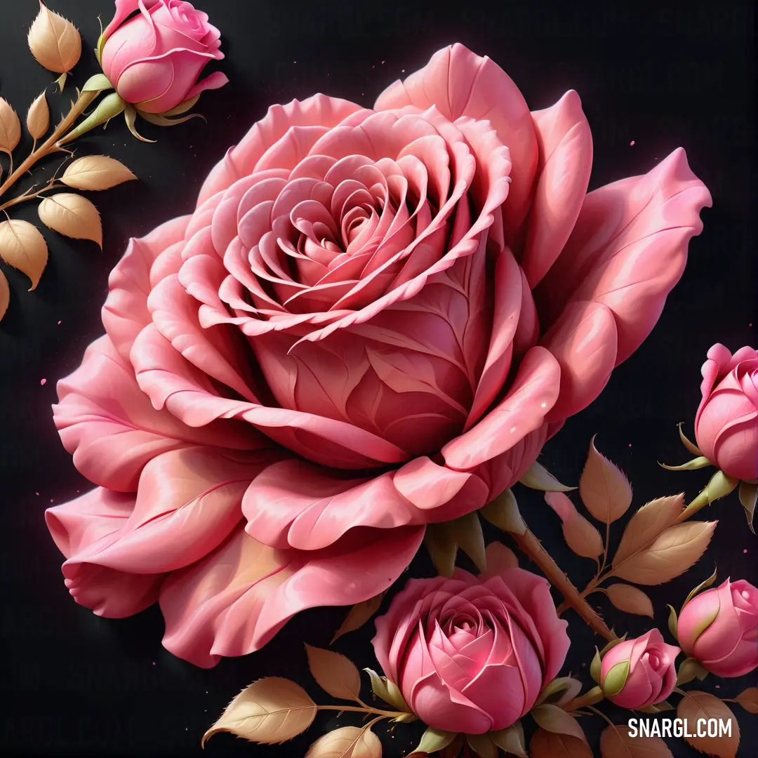 Painting of a pink rose with leaves and buds on a black background