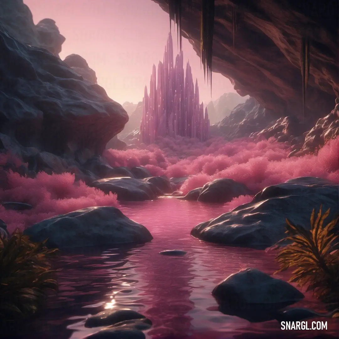 Pale red-violet color. Painting of a river surrounded by rocks and pink smoke in a cave with a waterfall in the background