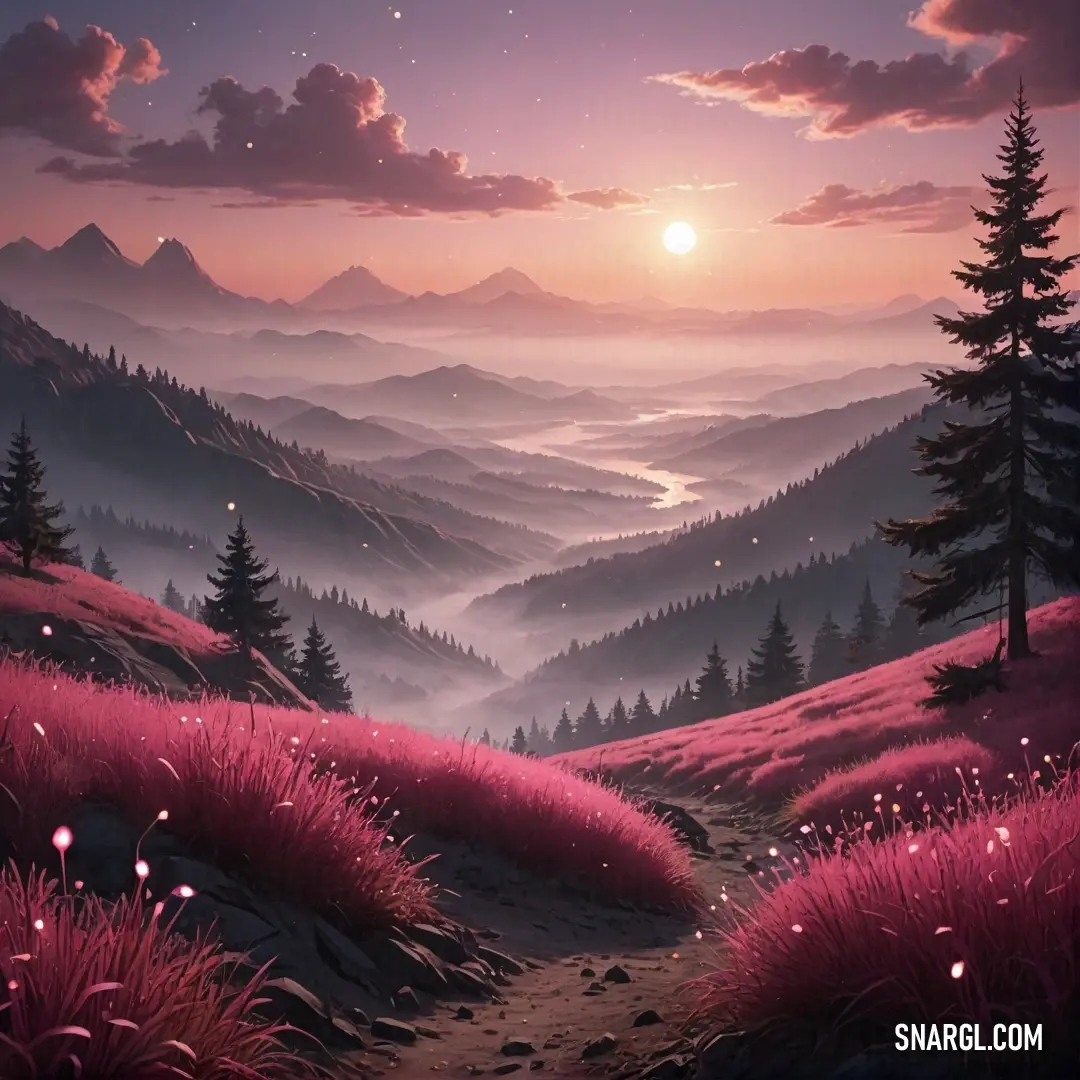 Pale red-violet color example: Painting of a sunset over a mountain range with a trail leading to a forest with tall trees and a lake