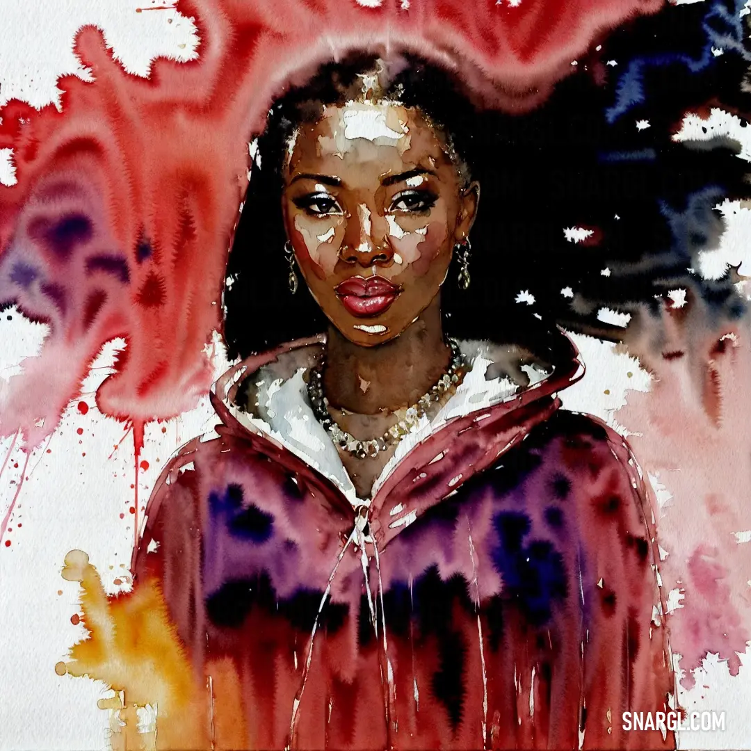 Painting of a woman with a red hoodie on and a red and black background with red and yellow spots