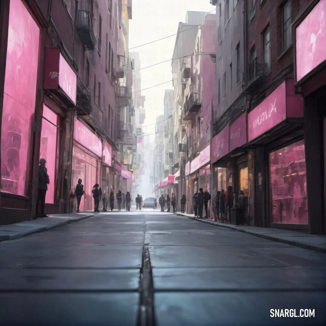 Pale red-violet color example: City street with people walking on the sidewalk and a pink storefront on the side of the street