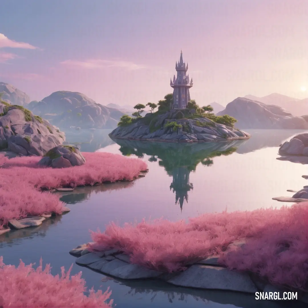 Fantasy landscape with a castle and a lake surrounded by pink grass and rocks. Color Pale red-violet.