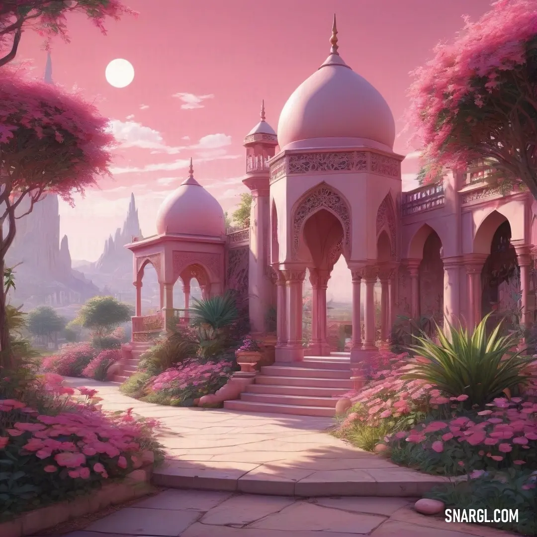 Painting of a pink palace with a pathway leading to it. Example of Pale red-violet color.