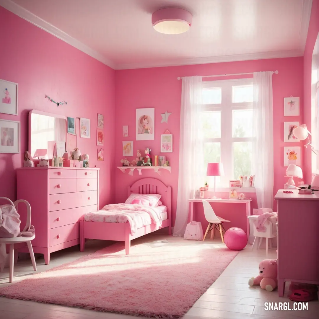Pink bedroom with a pink rug and a pink bed and dresser and chair. Example of RGB 219,112,147 color.
