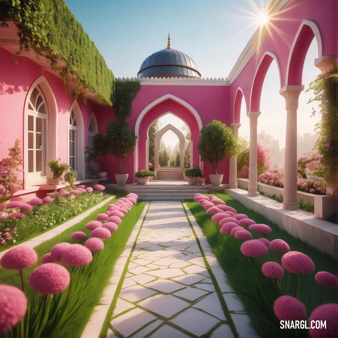 Pink building with a large garden of flowers in front of it. Example of CMYK 0,49,33,14 color.