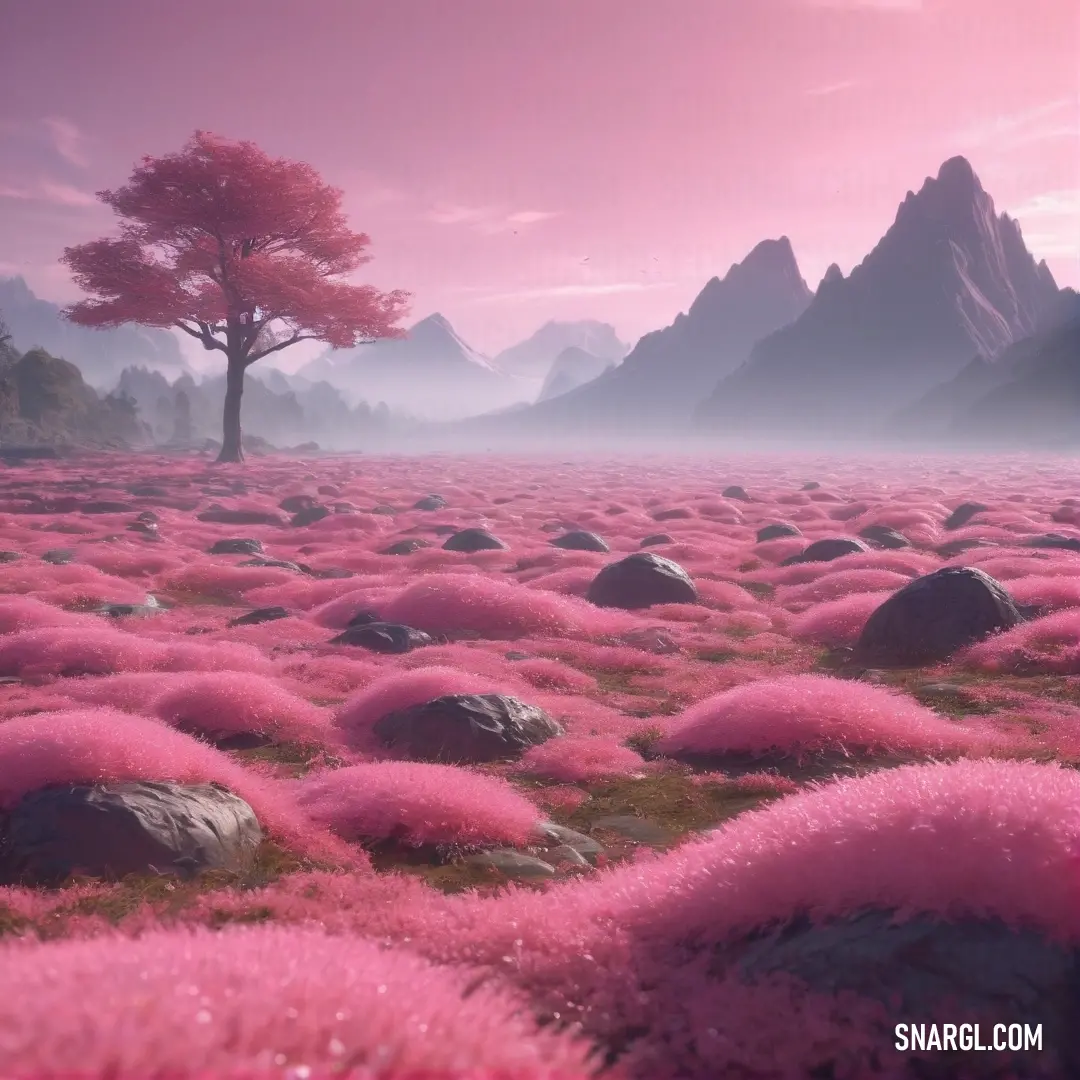 Pink landscape with a tree and rocks in the foreground. Color #DB7093.