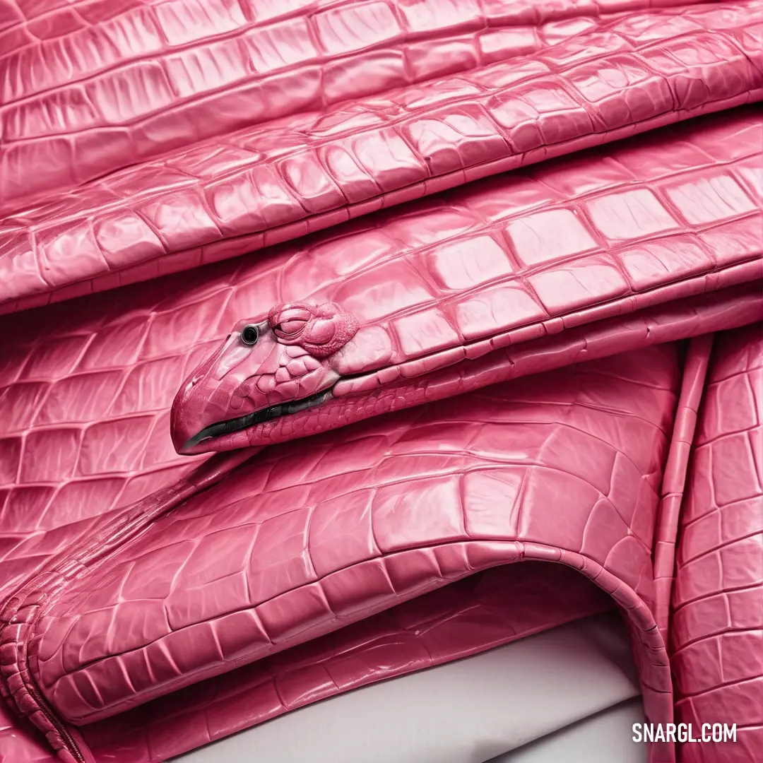 Pink leather couch with a snake skin pattern on it's back end and a black button on the end of the seat. Example of RGB 219,112,147 color.