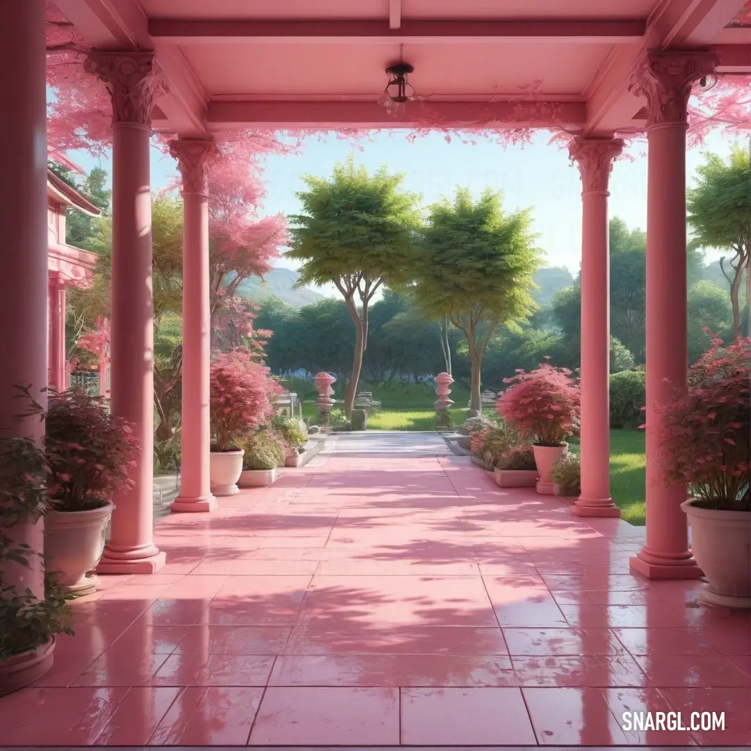 Pink walkway with potted trees and flowers on either side of it. Example of CMYK 0,49,33,14 color.