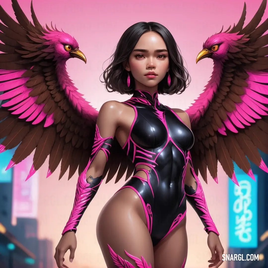 Pale red-violet color example: Woman with a bird like body and wings on her chest