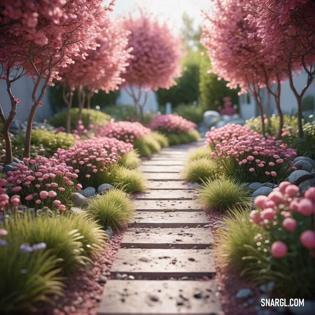 Pathway lined with pink flowers and trees in the background. Color #DB7093.