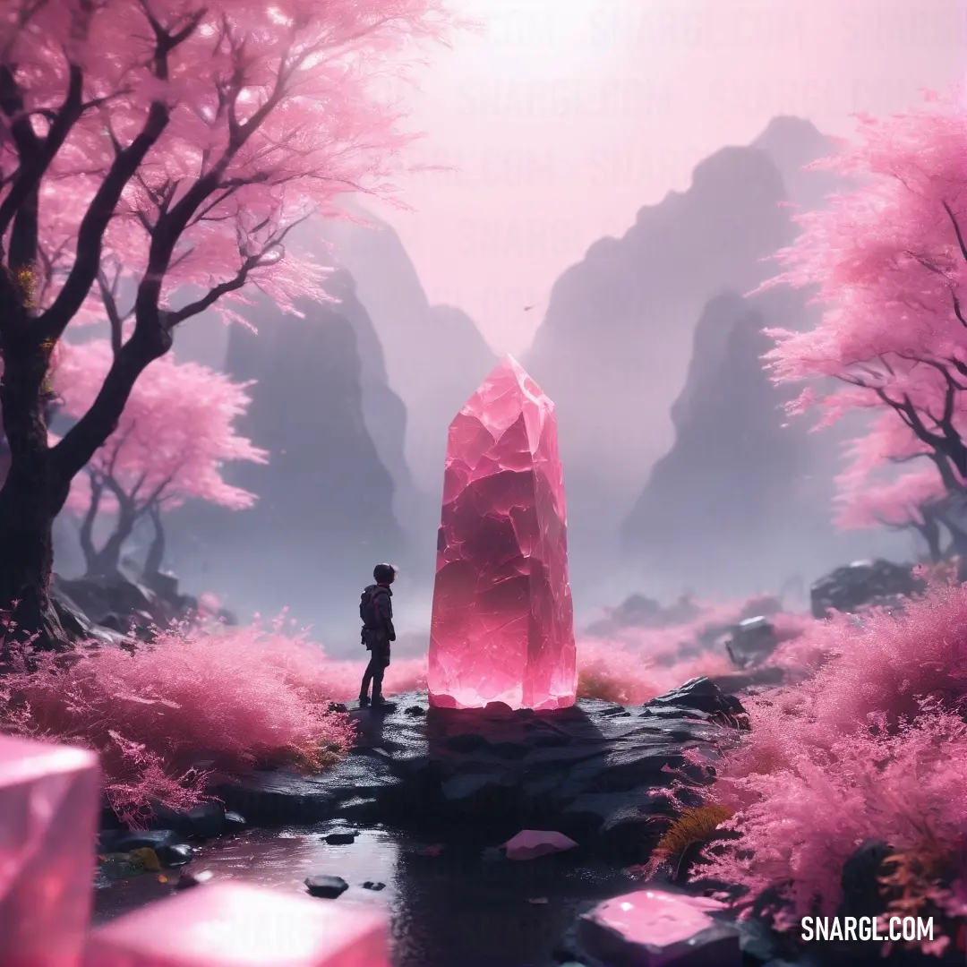 Person standing in a pink forest with a large rock in the middle of the forest. Example of CMYK 0,49,33,14 color.