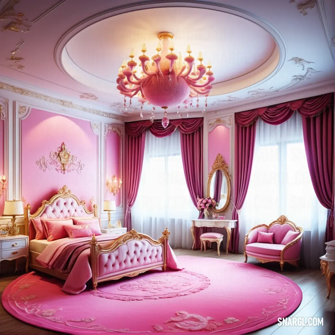 Pink bedroom with a chandelier and a pink bed in the middle of the room. Color RGB 219,112,147.