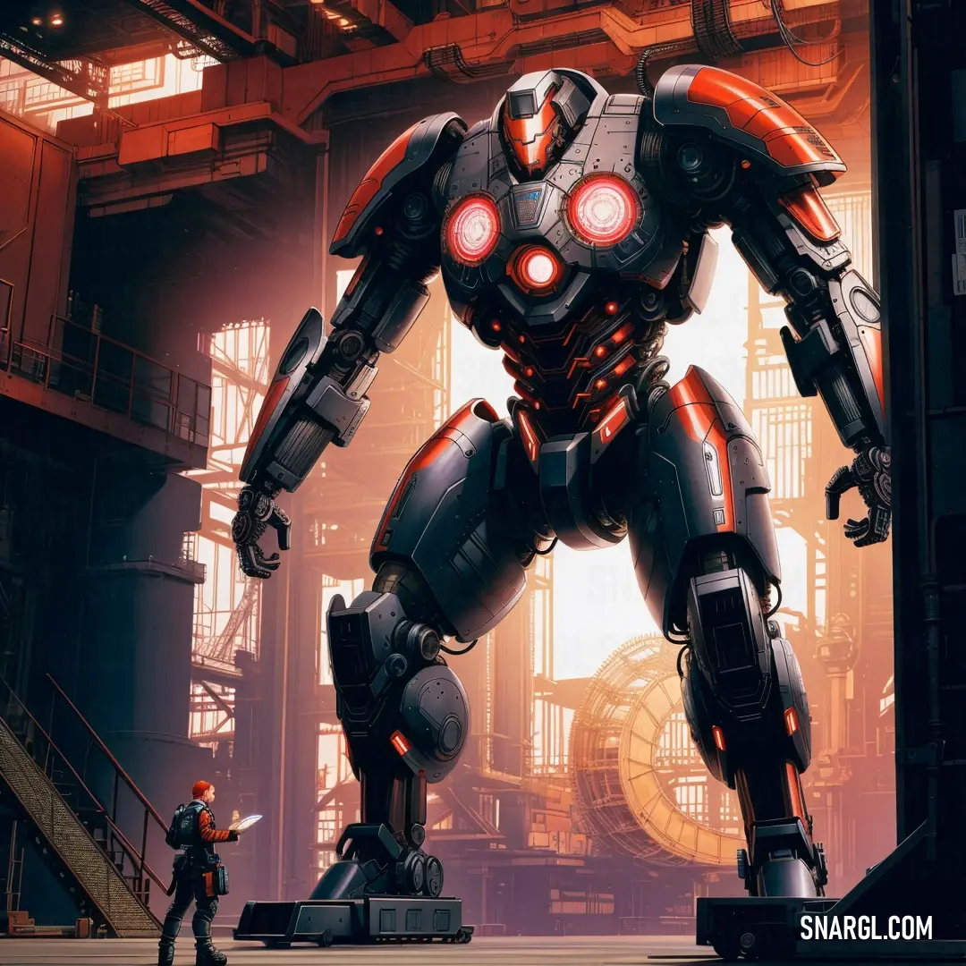 Robot standing in a large industrial setting with a man standing next to it in front of a giant machine