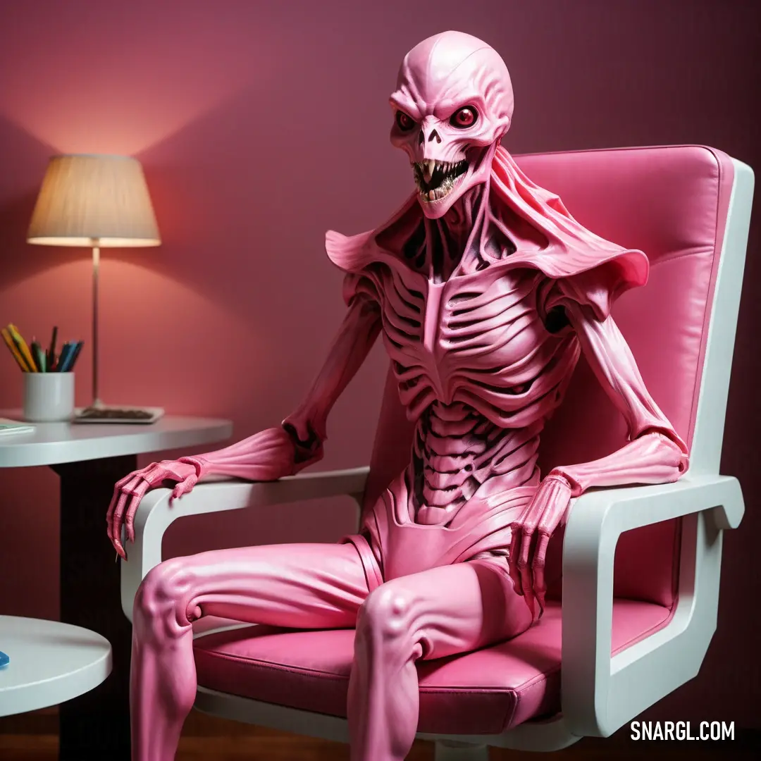 Pale red-violet color. Skeleton in a chair with a pink suit on and a lamp on the side table behind it