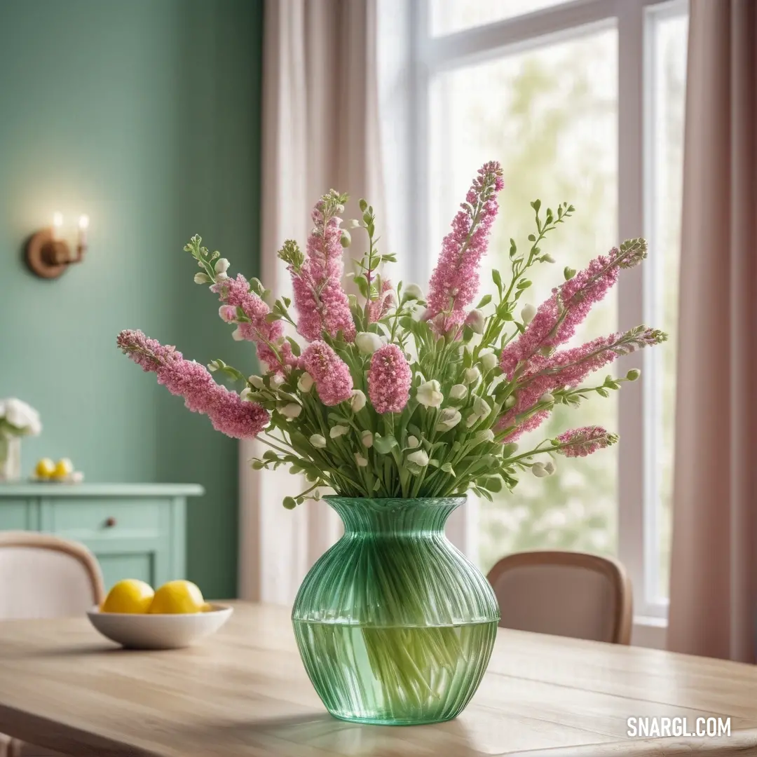 Vase filled with pink flowers on top of a table next to a bowl of fruit and a window. Example of Pale red-violet color.