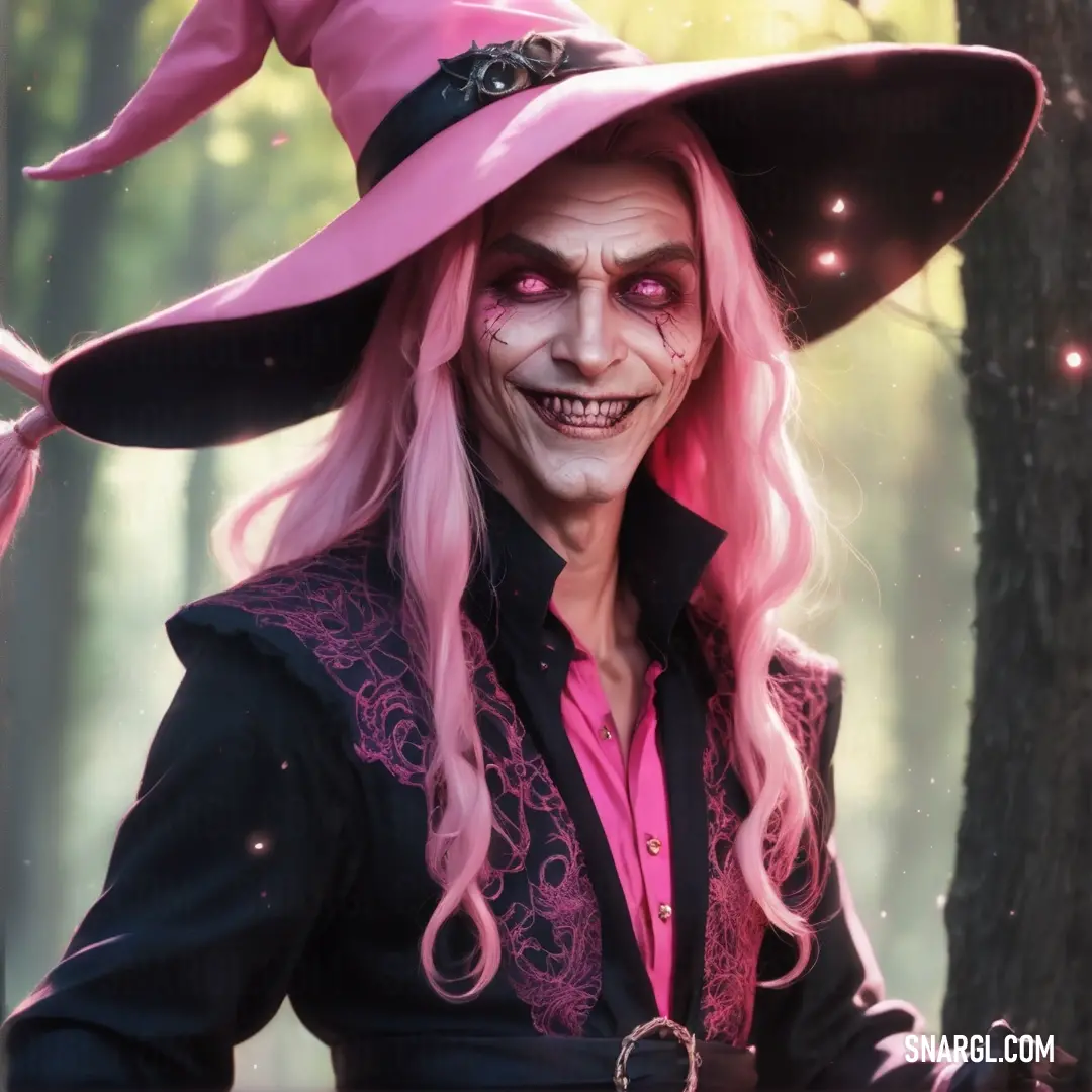 Woman dressed as a witch with a pink hat and long hair and a pink wig. Color RGB 219,112,147.