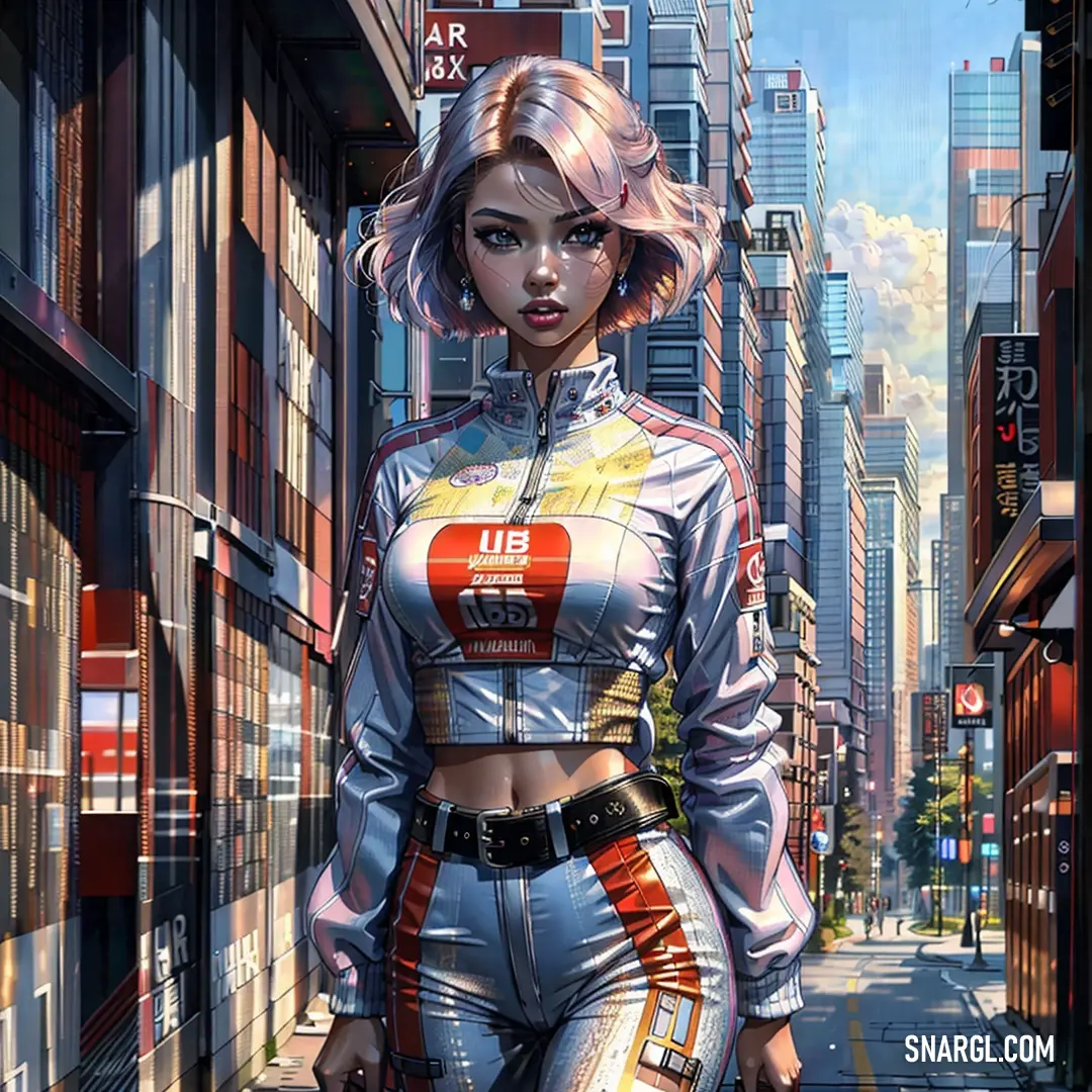 Woman in a futuristic outfit walking down a city street with a futuristic city in the background