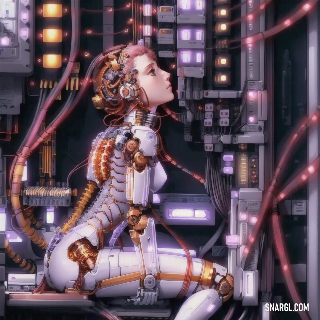 Woman in a futuristic suit on a machine with wires all around her and a clock in the background