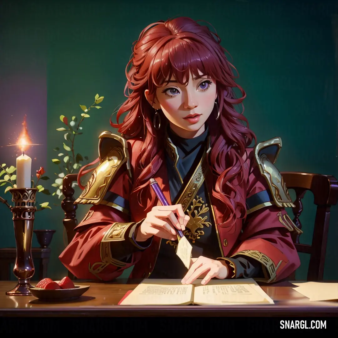 Woman in a red jacket writing on a piece of paper with a candle in the background and a vase with flowers