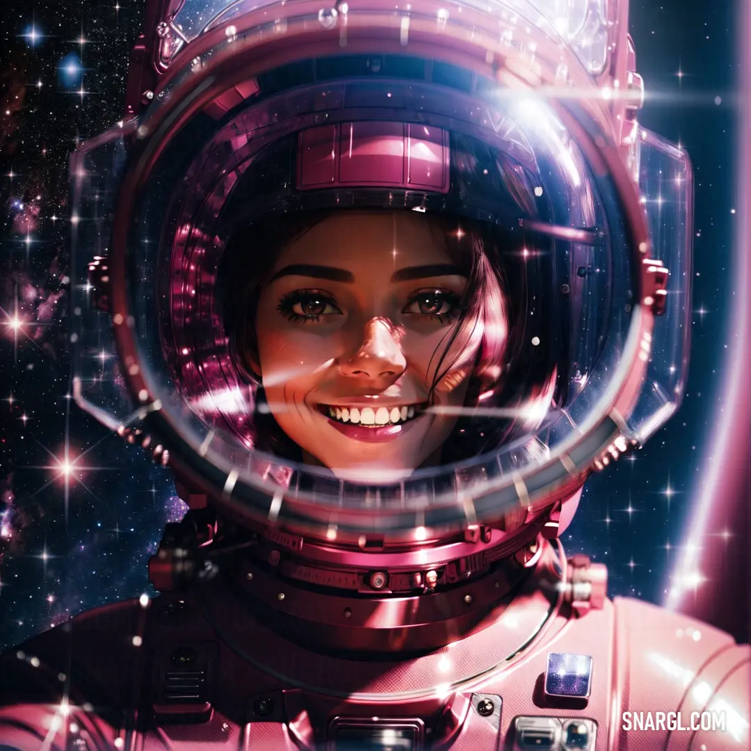 Woman in a space suit with a helmet on her head and a space background with stars and a bright light