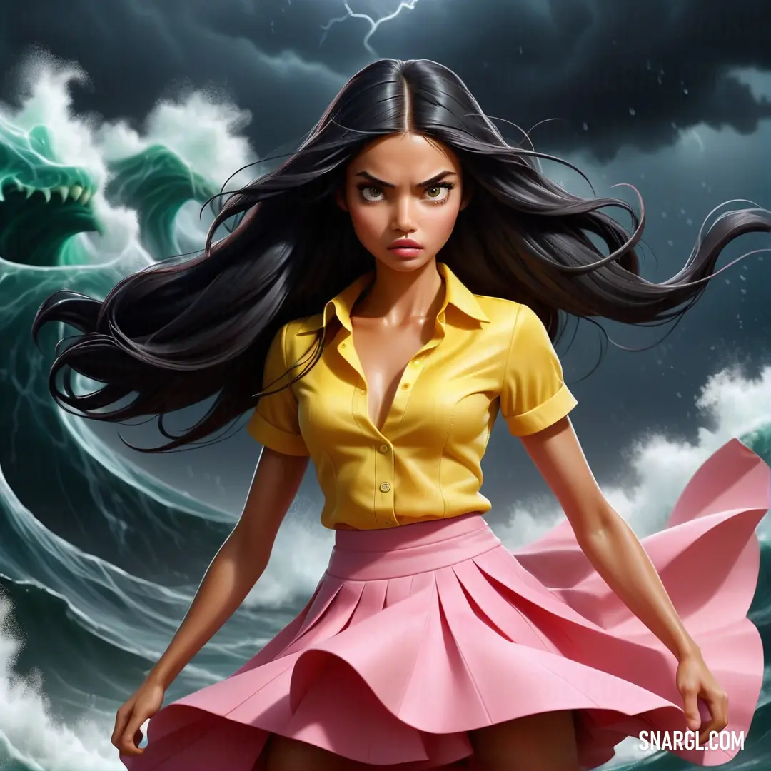 Woman in a yellow shirt and pink skirt is standing in front of a wave with a lightning in the background