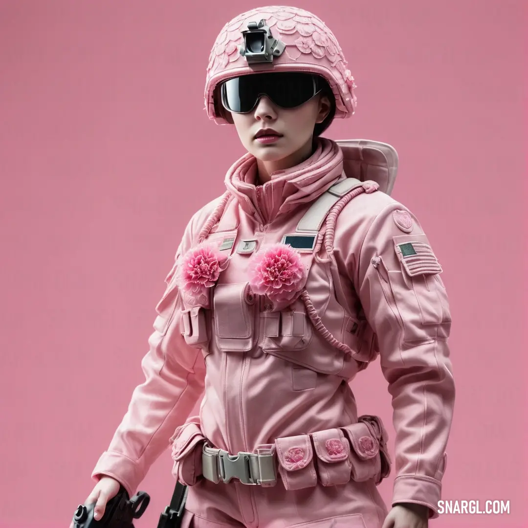 Woman in pink is dressed in a pink uniform and holding a gun and wearing a pink helmet and sunglasses