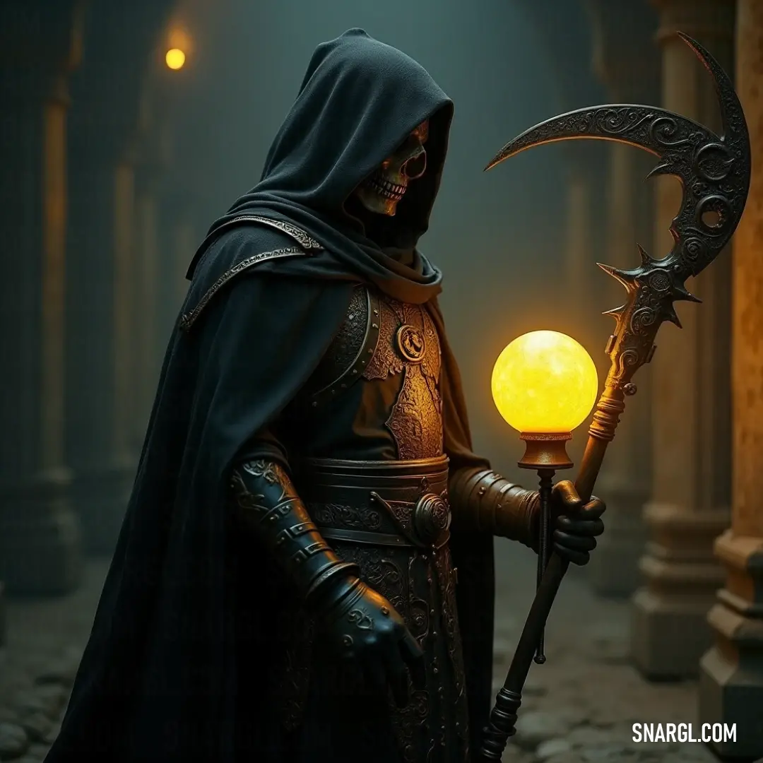A mysterious being stands in a shadowed alley, wielding a glowing orb and scepter, their enigmatic aura illuminating the dark surroundings. In a dimly lit alley, a hooded figure holds a glowing orb and a scepter, their presence casting an eerie glow as shadows creep around them in the dark.