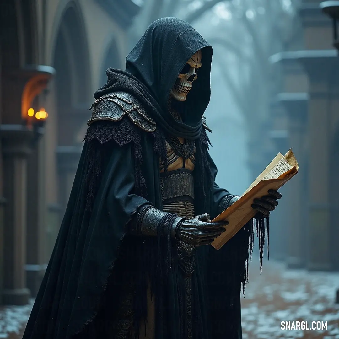 Draped in a black robe, the Pale Rider stands, clutching a weathered book while snowflakes swirl around him, the soft light creating an ethereal atmosphere in a serene snowy courtyard.