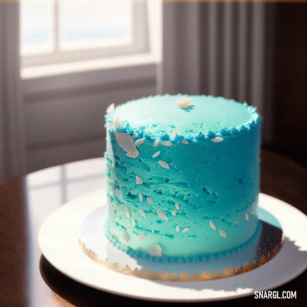 Blue cake with white sprinkles on a plate on a table in front of a window