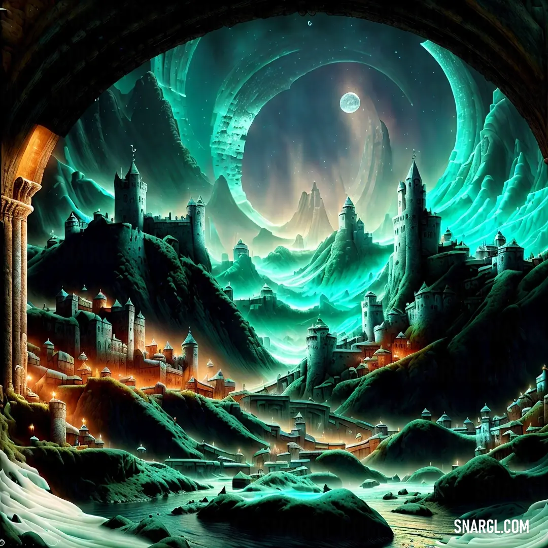 Painting of a fantasy city surrounded by mountains and a giant moon in the sky above a river of water