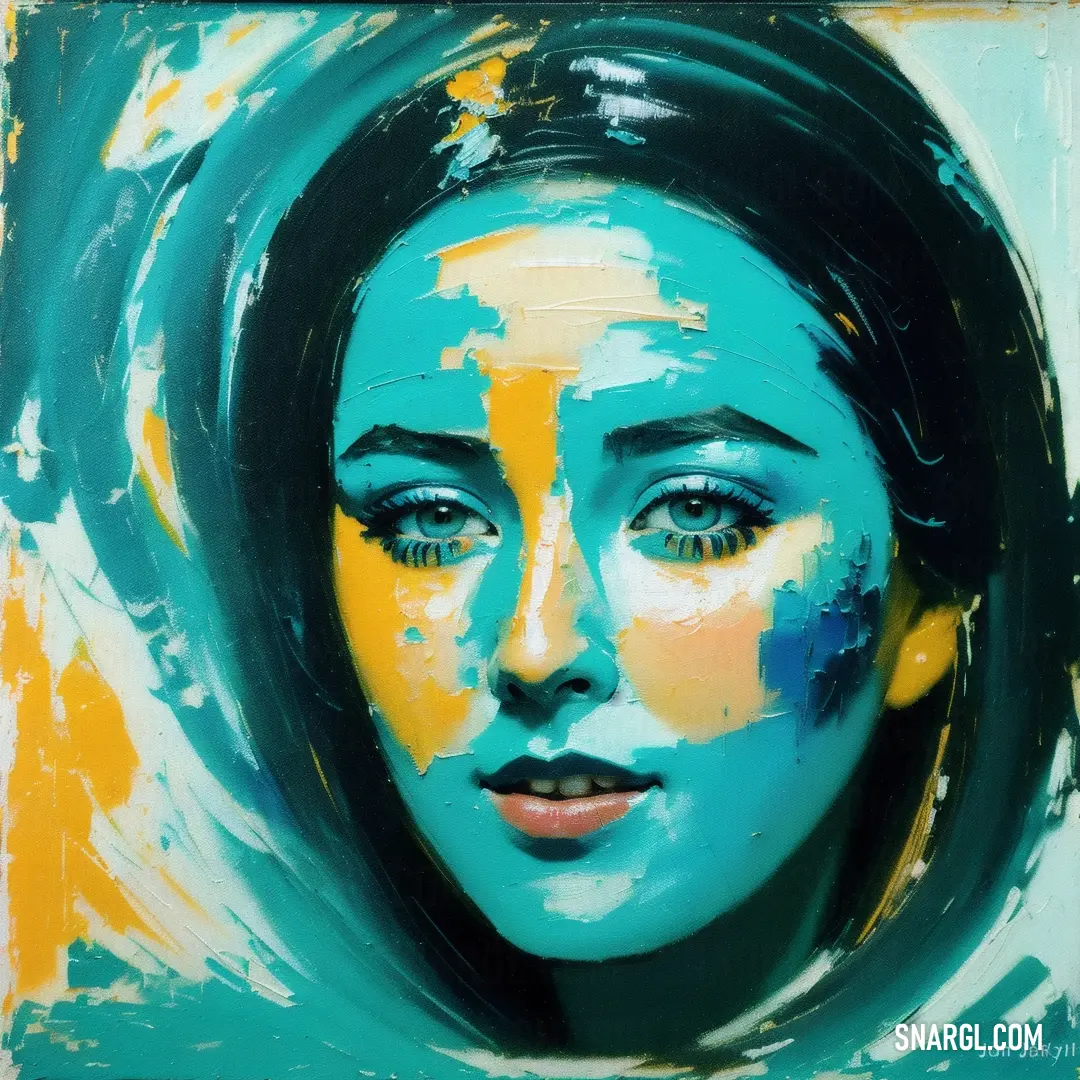 Painting of a woman with blue eyes and a yellow and blue background with a green circle around her head