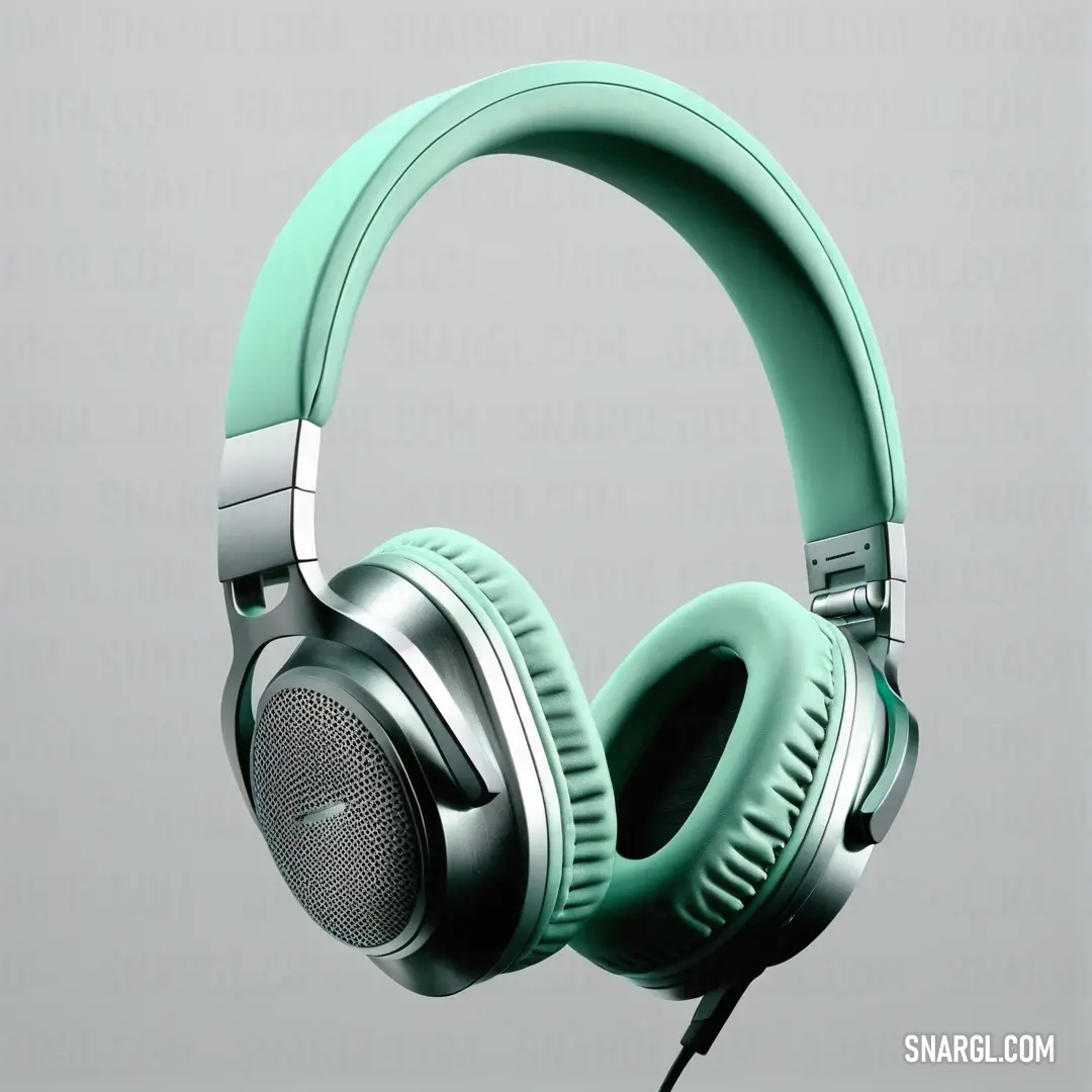 Pair of headphones with a microphone attached to it's earbands, on a gray background. Example of Pale robin egg blue color.